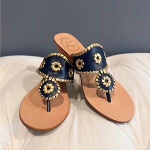 Jack Rogers Marbella Wood Wedges in Navy and Gold Leather